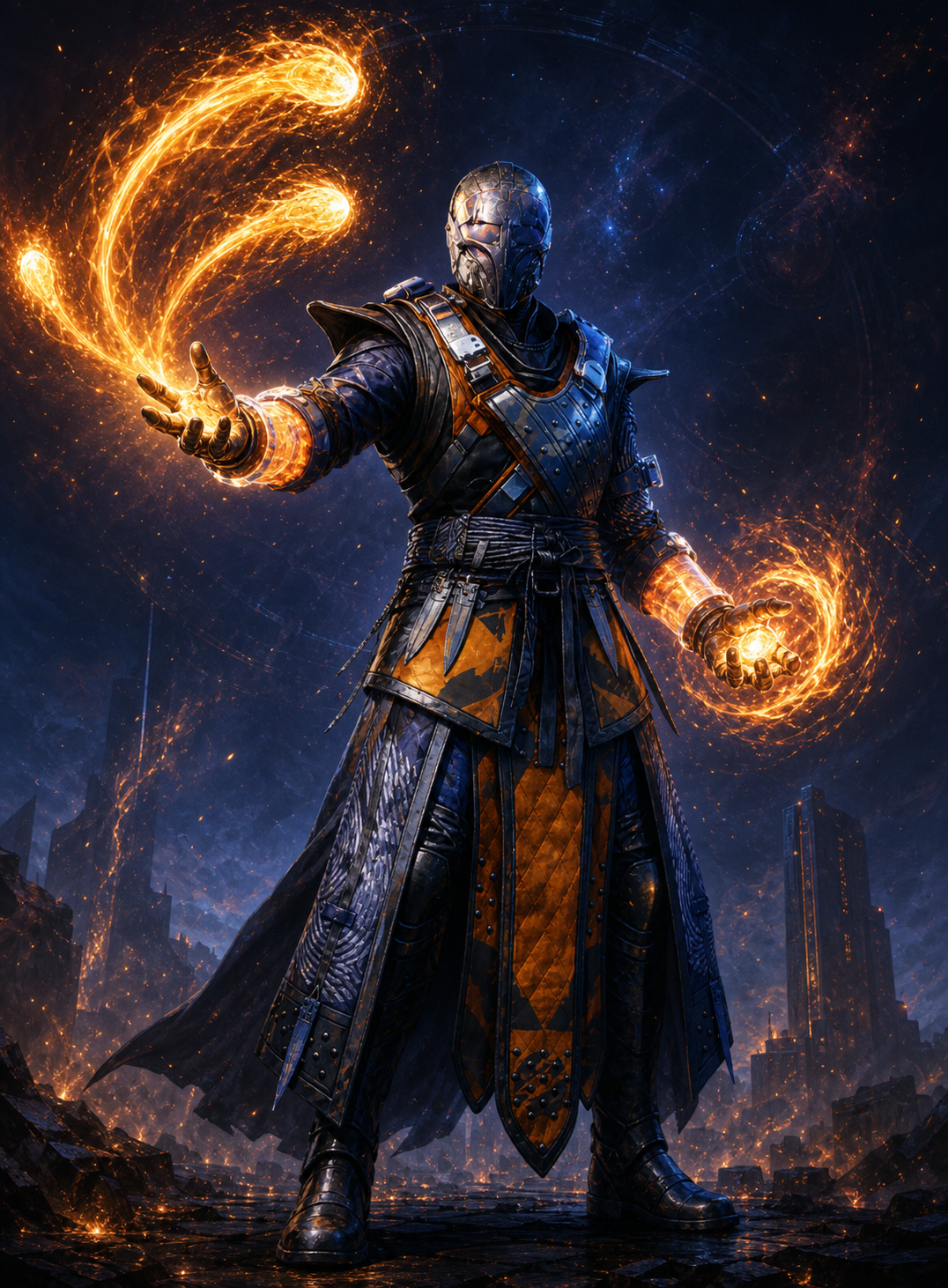 Illustration du Warlock de DudeLatuque lançant Celestial Fire avec l'armure Apostate's Blade et Sunbracers