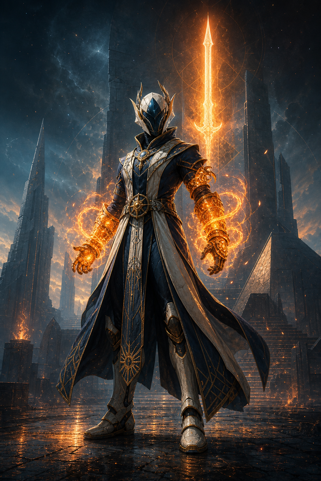 Warlock actif en armure bleu nuit et ivoire, entouré d'énergie solaire orange avec Sunbracers